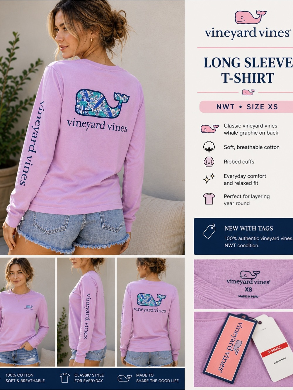 Vineyard Vines Pastel Lavender Long Sleeve Whale Graphic Tee